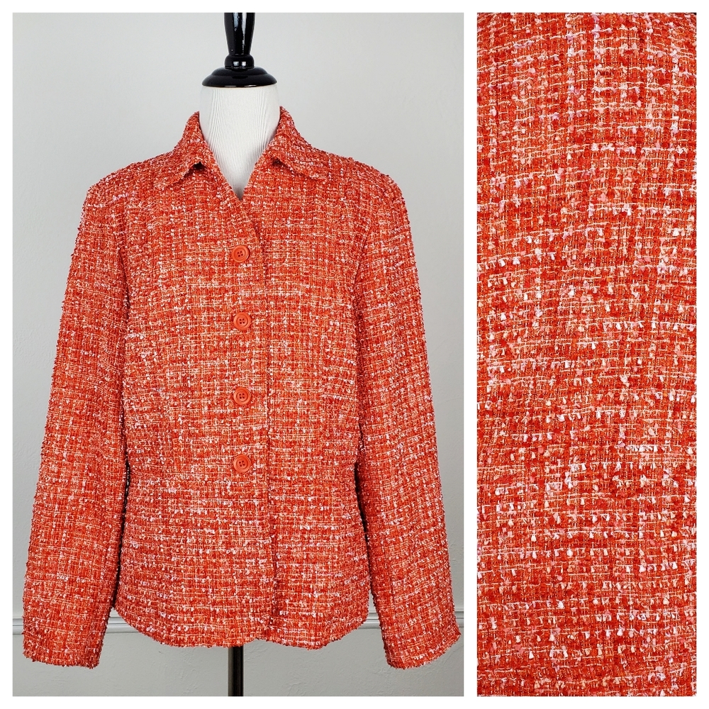 Coldwater Creek Jacket Textured Boucle Coral Pink Orange Quirky Eclectic Career